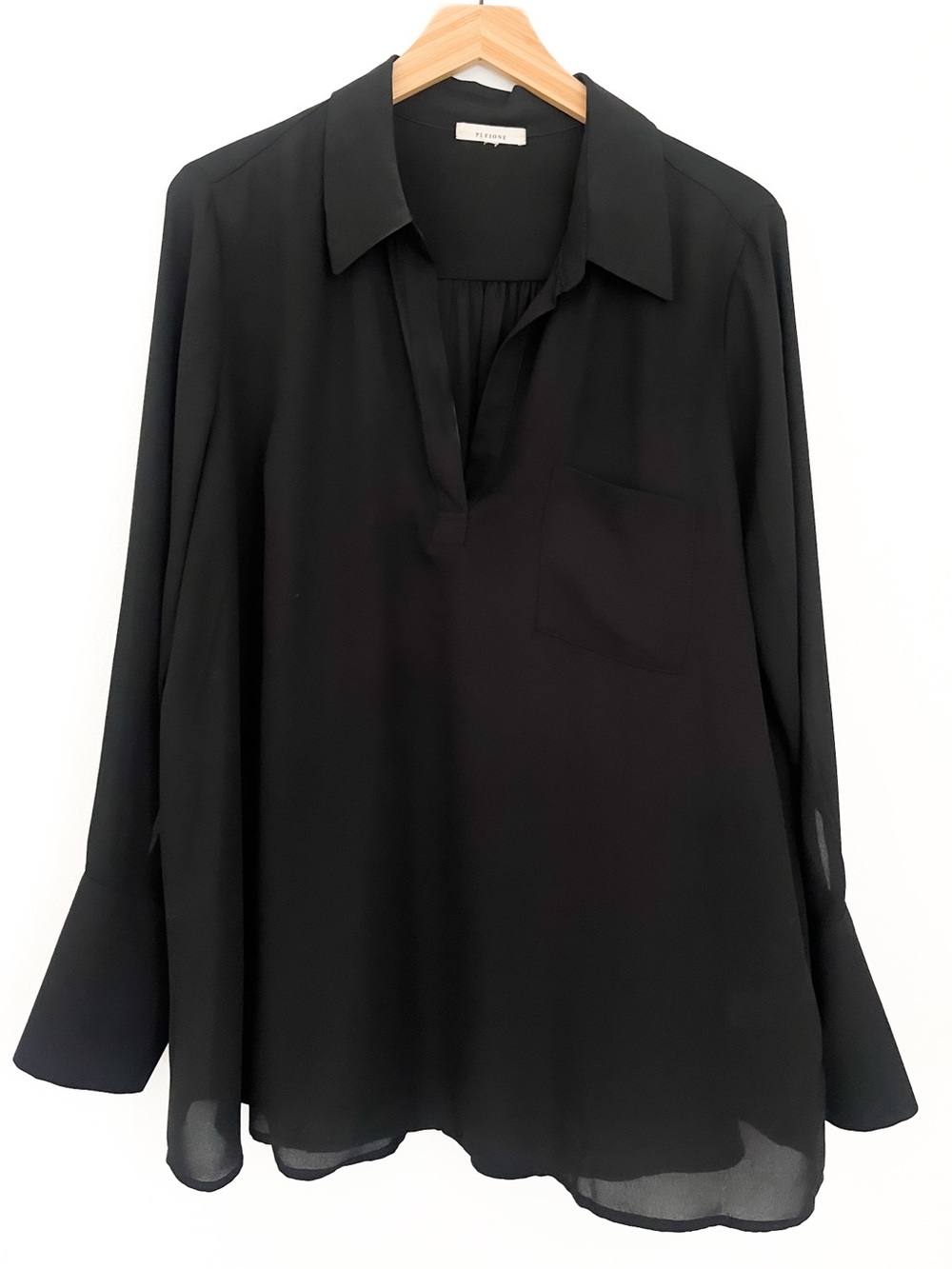 Pleione Sheer V-Neck Collared Blouse XL Black